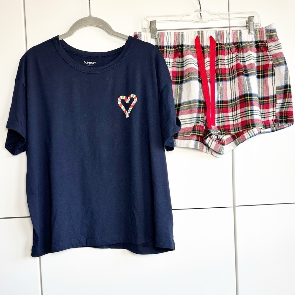 Old Navy Christmas Pajamas Flannel Shorts Navy Candy Cane T Shirt Size Large